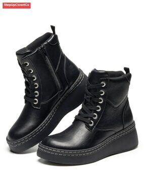 Genuine Leather Platform Ankle Boots Womens Combat Boots Comfortable
